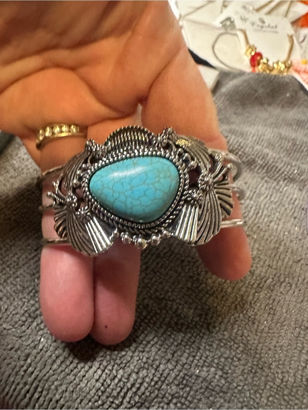 Silver-Tone Cuff Bracelet with Turquoise Blue Stone